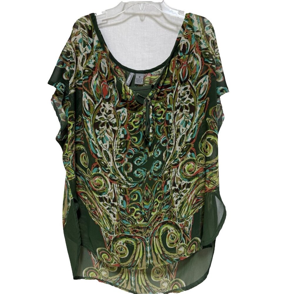 New Directions Weekend Womens Medium Green Blouse 2fer Tank Sheer Overlay